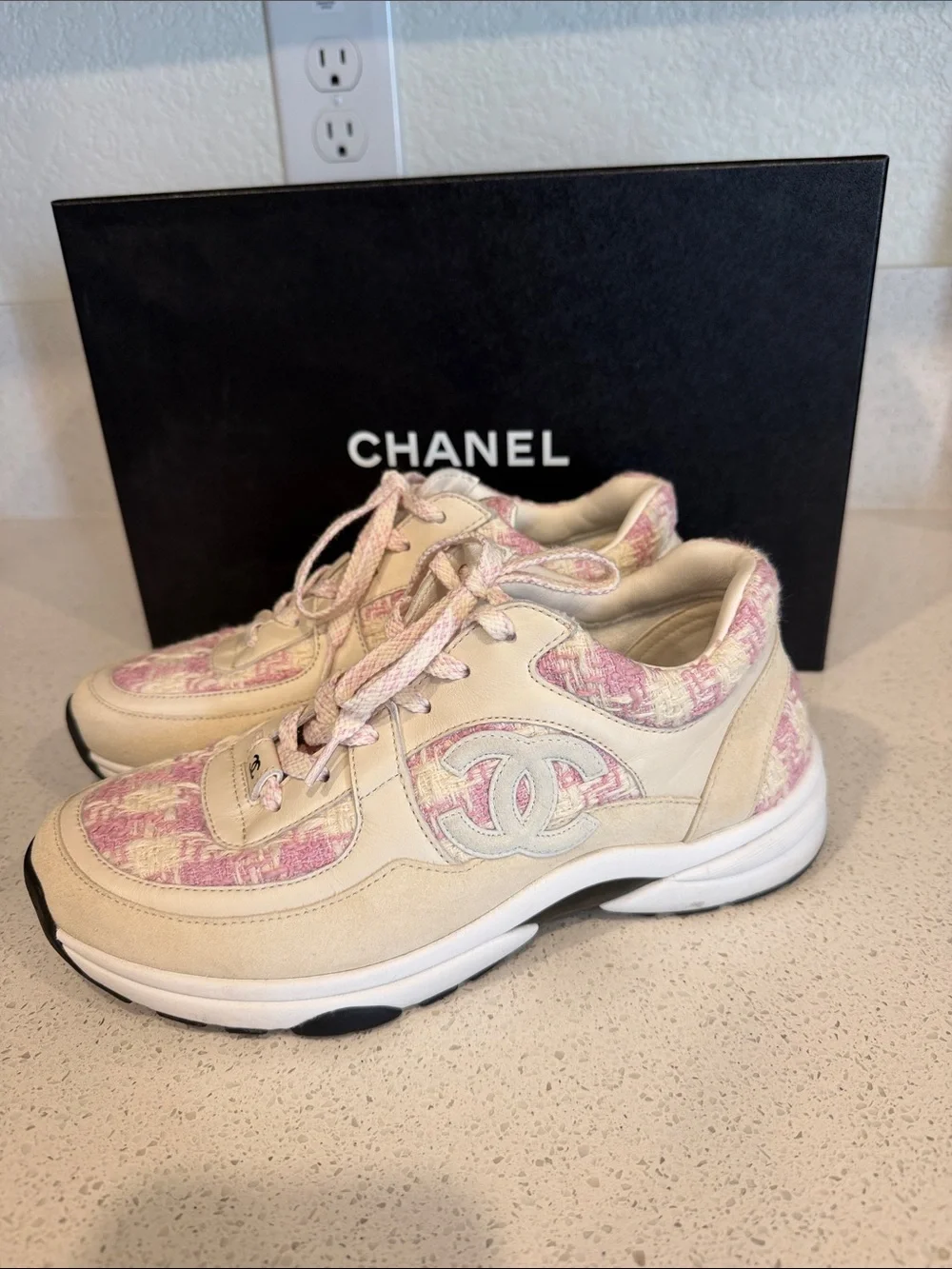 CHANEL Pink and Beige Tweed Runner Sneakers - size US 7.5/EU38